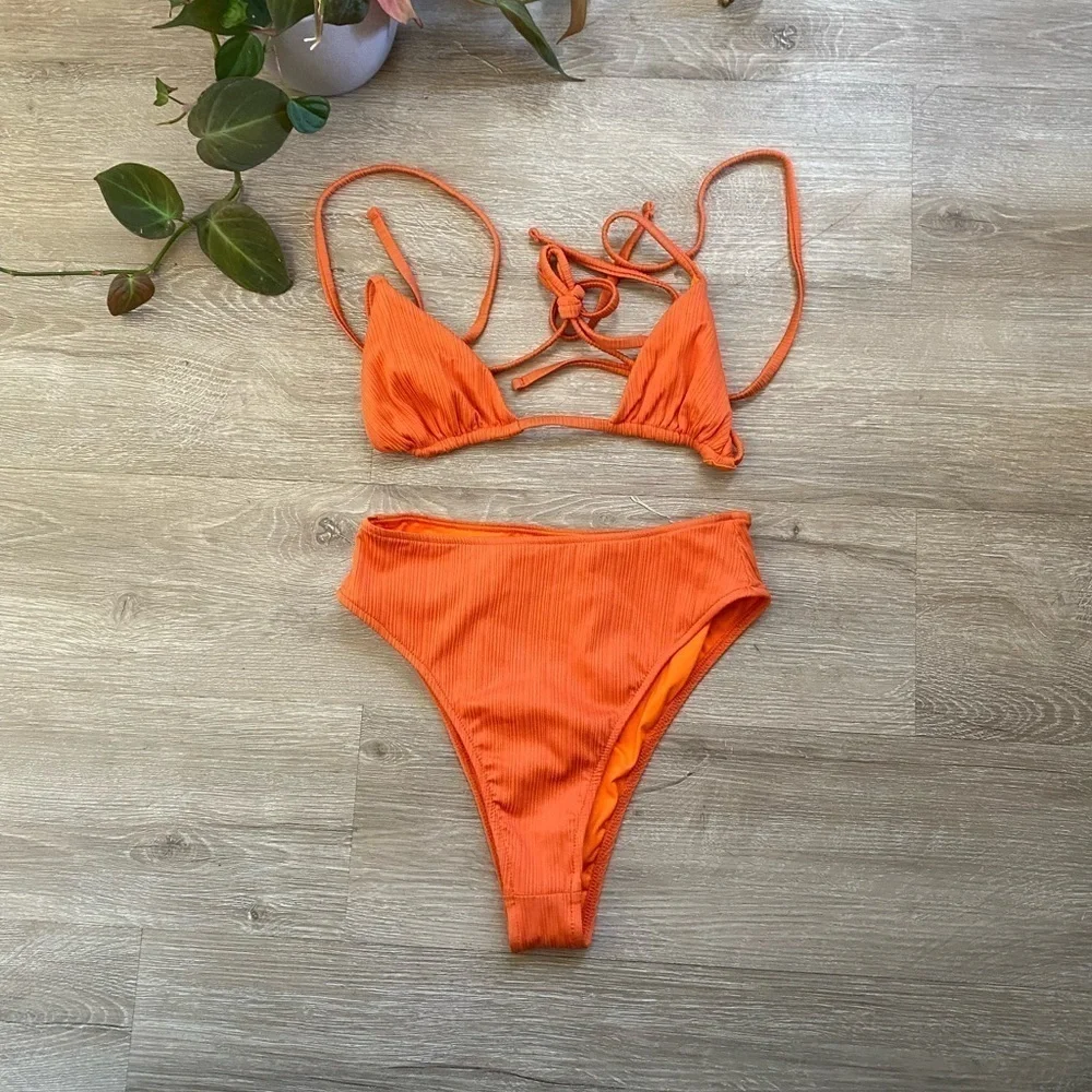 Frankie’s Bikini Orange Textured Ribbed Bikini size S